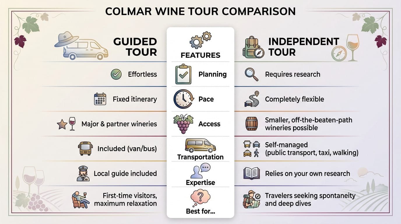 Comparison of a guided wine tour bus and a couple walking independently in Colmar vineyards