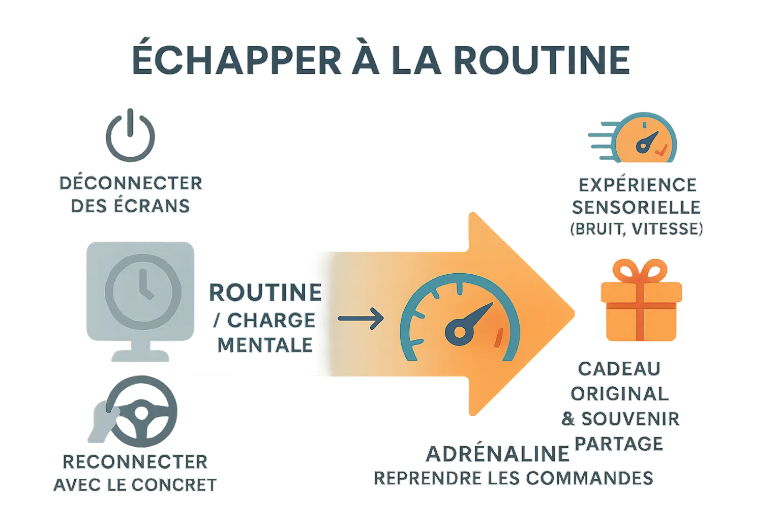Infographie illustrant l'évasion de la routine par l'adrénaline d'un stage de pilotage
