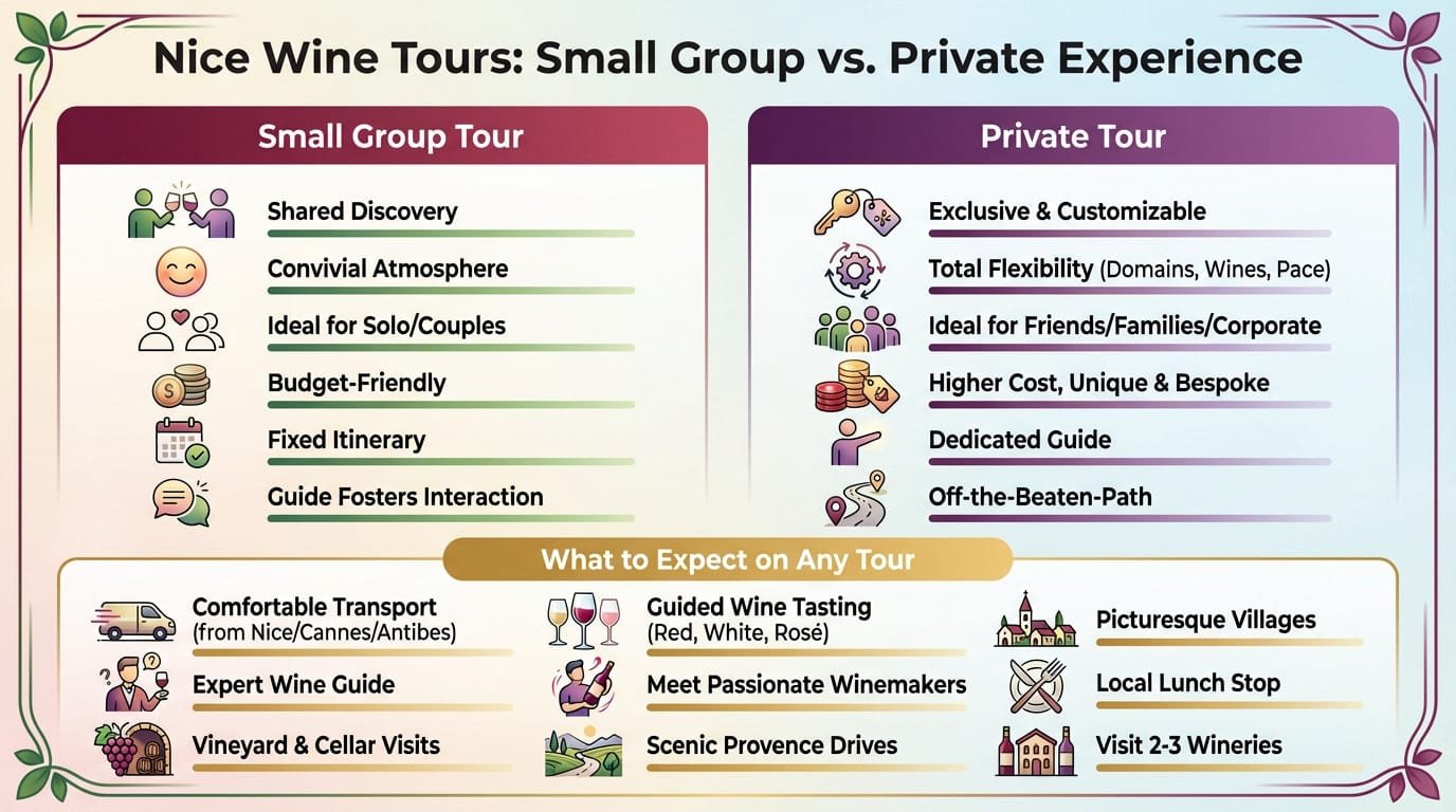 Tourists enjoying a wine tasting session in a vineyard near Nice, comparing small group and private tour experiences