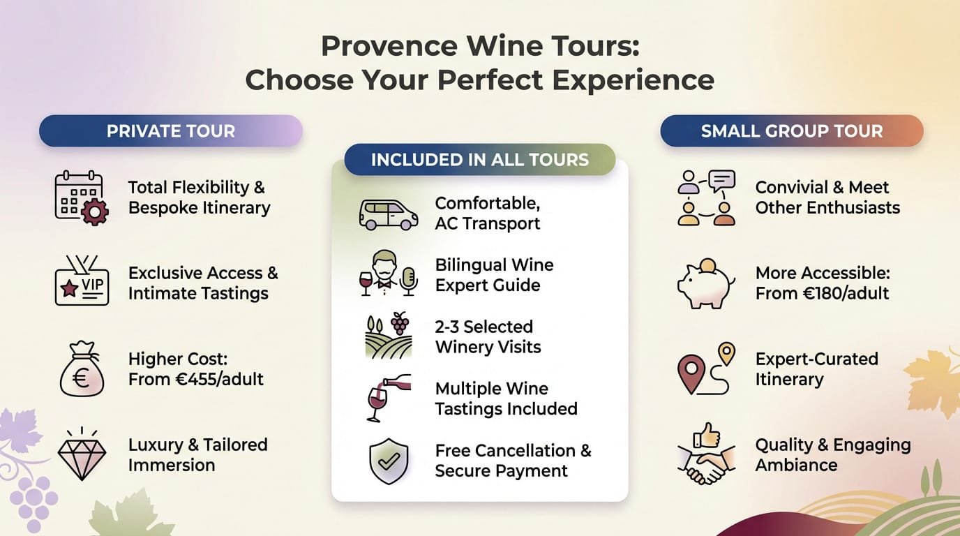 Wine glasses and grapes in a Provence vineyard setting, illustrating the choice between private and small group tours