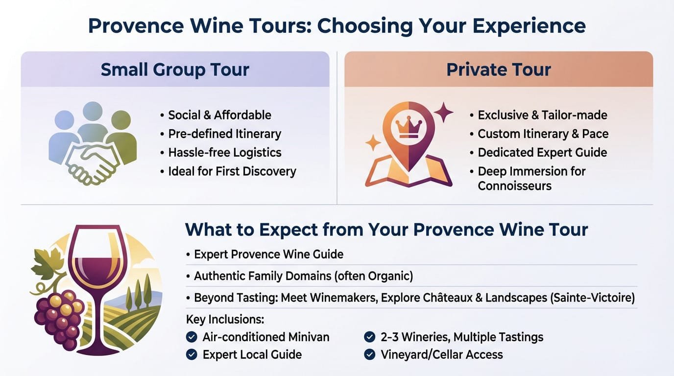 Couple enjoying a private wine tasting session in a sunny Provence vineyard with Sainte-Victoire mountain in the background