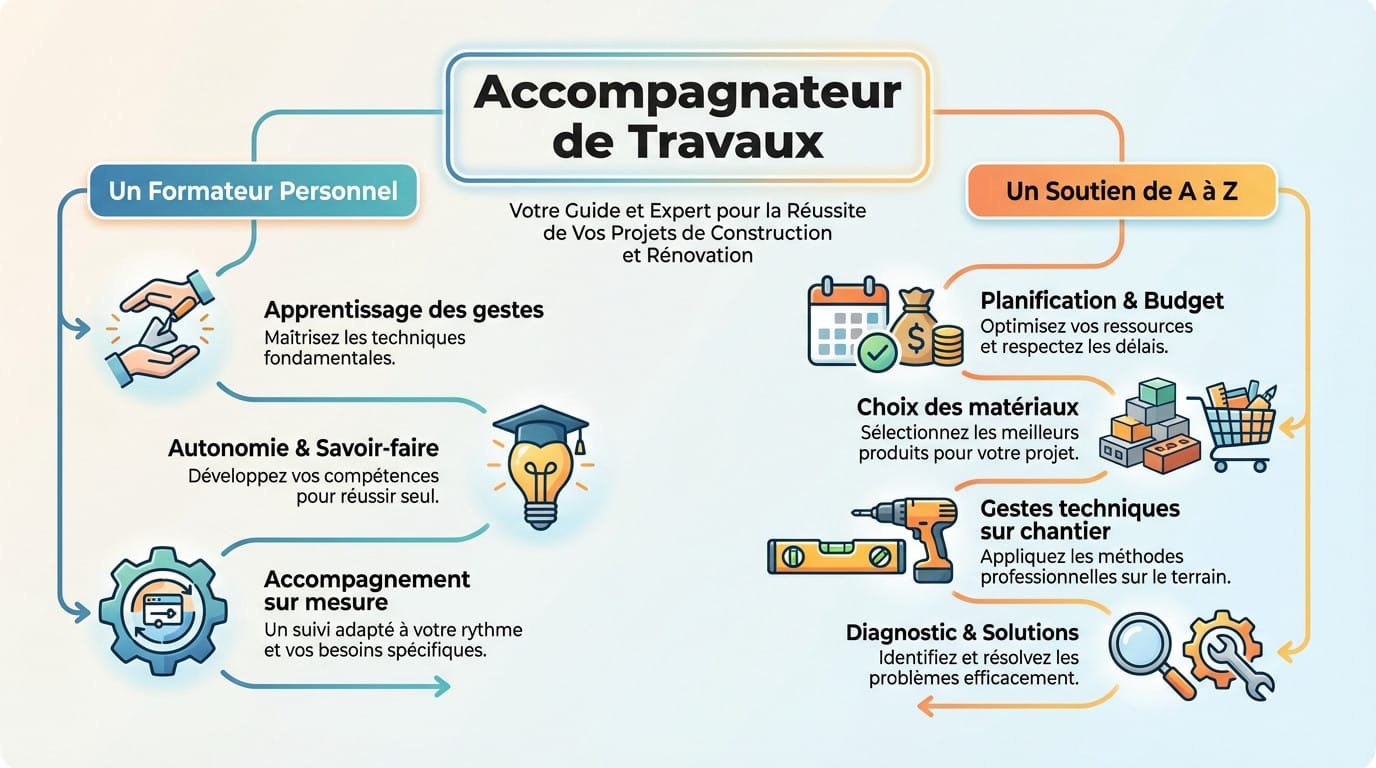 Coach travaux accompagnant une rénovation à domicile pour un apprentissage personnalisé