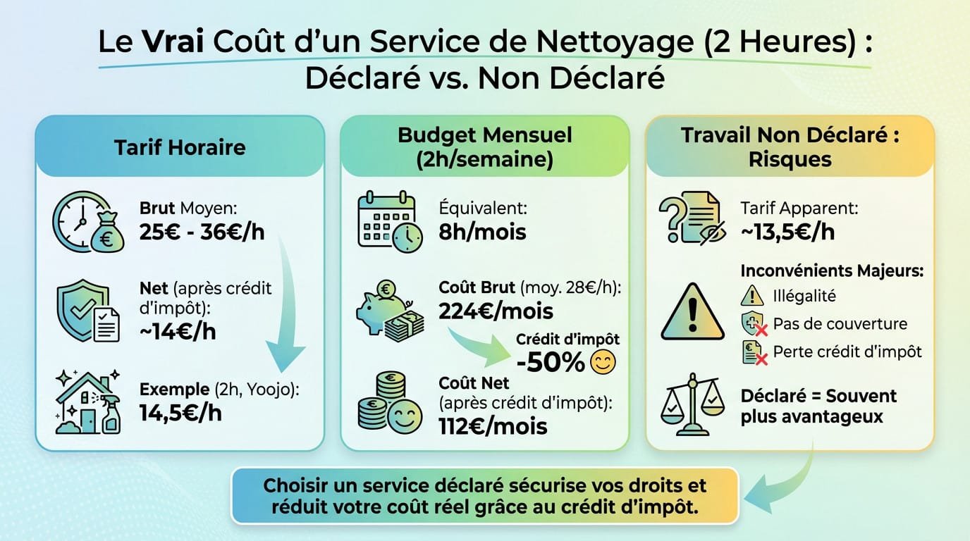 Comparatif du prix femme ménage 2h entre travail déclaré avec crédit d'impôt et travail au noir