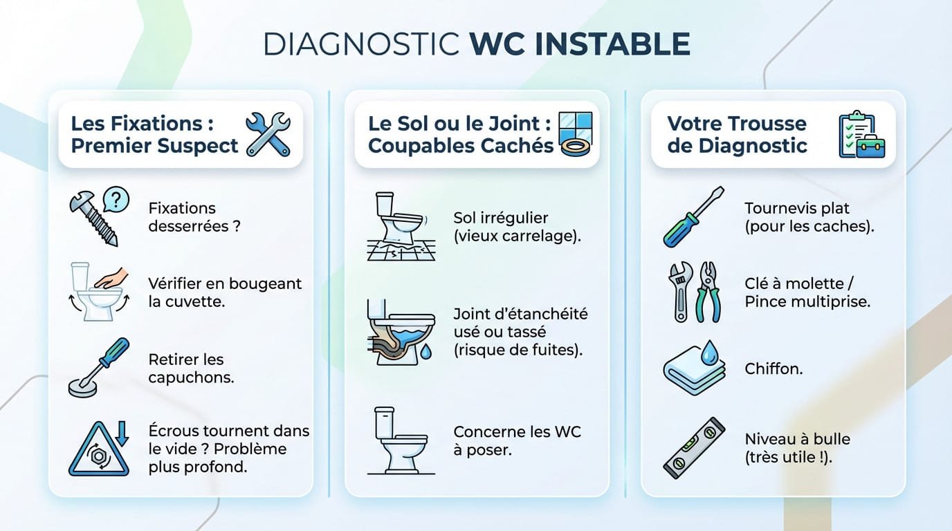 Inspection des fixations au sol d'un WC qui bouge sur le carrelage
