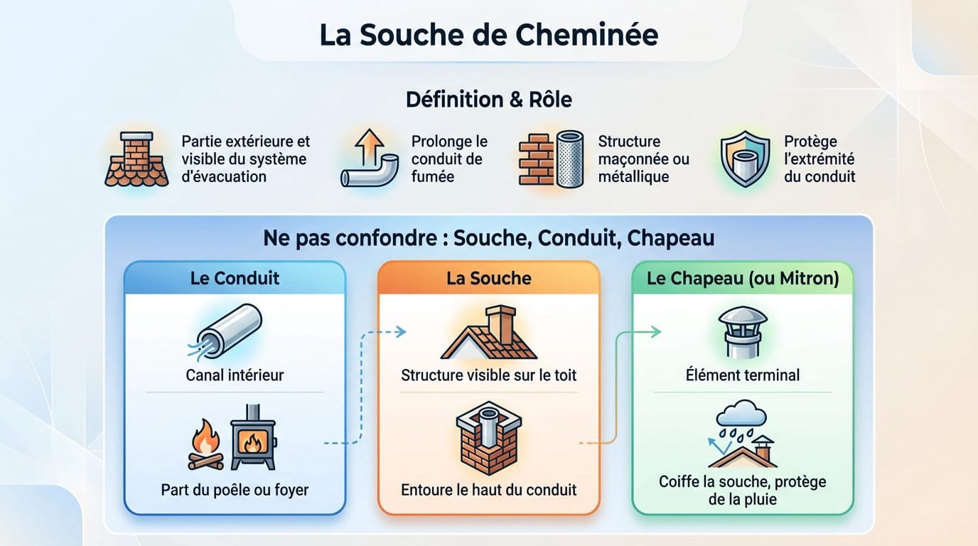Schéma illustrant une souche de cheminée dépassant d'une toiture