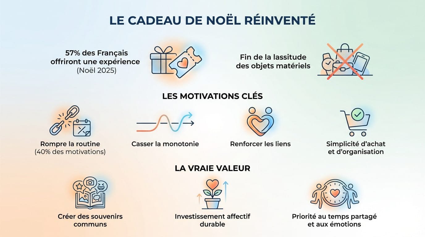 Comparaison entre un cadeau matériel emballé et une expérience de partage pour Noël 2025
