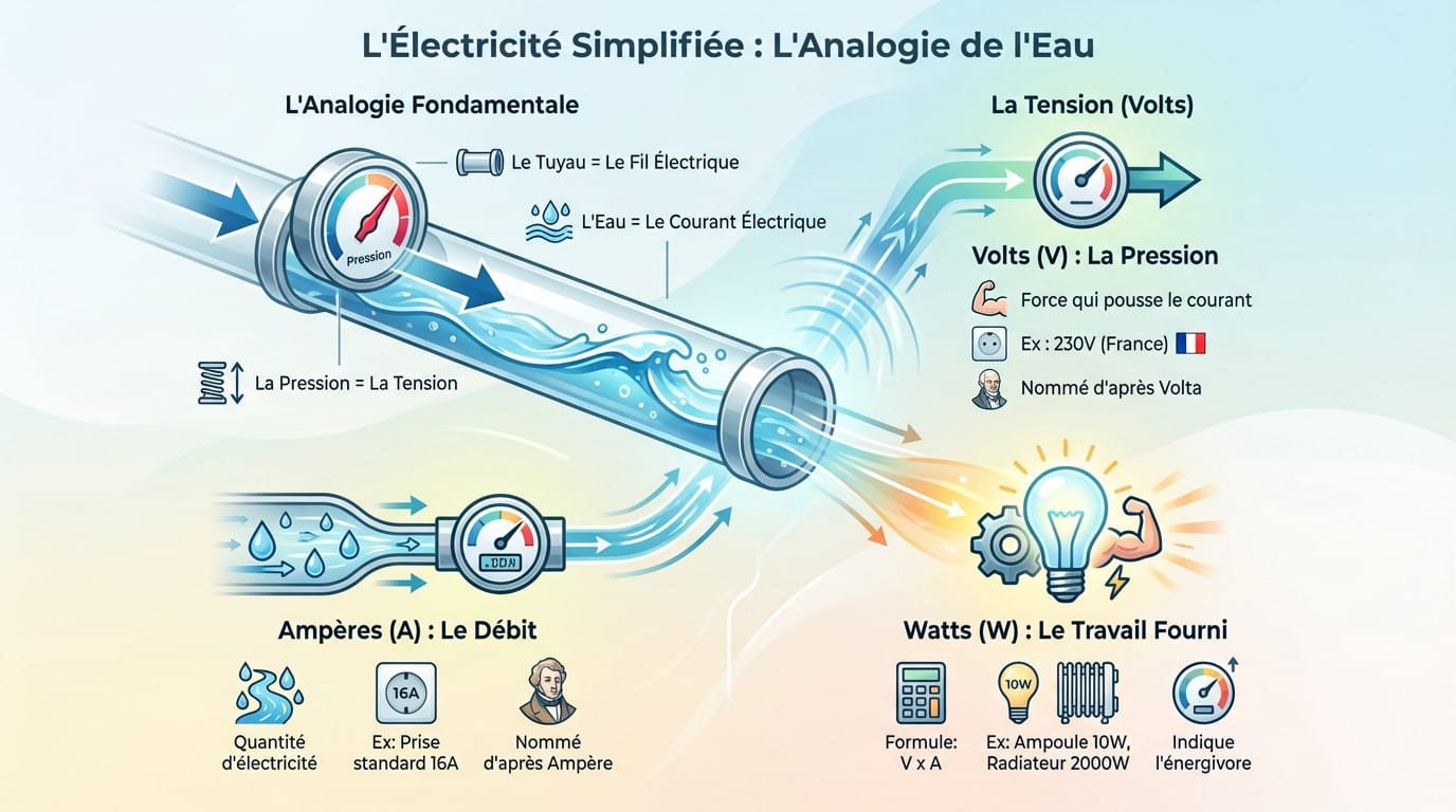 Schéma illustrant l'analogie entre un circuit électrique et un circuit d'eau : tension, courant et résistance