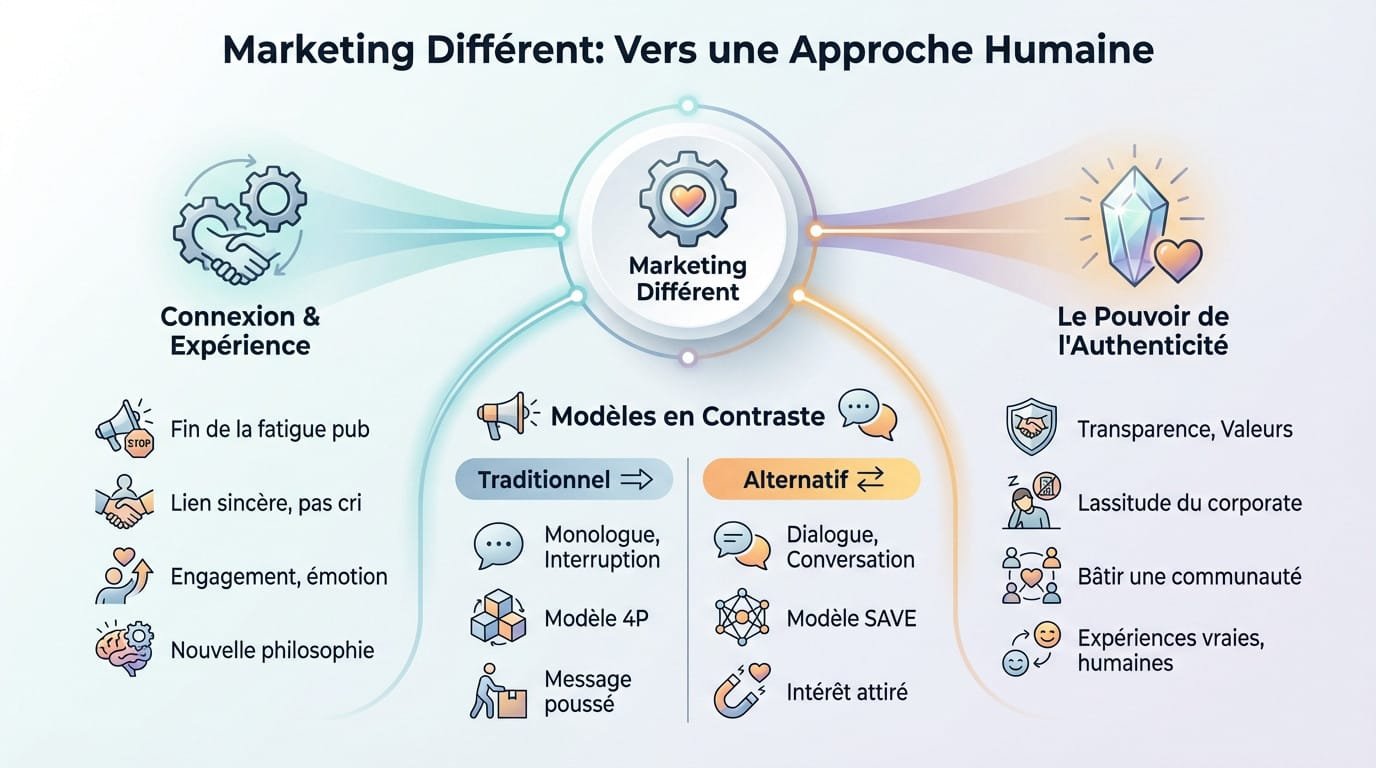 Illustration d'une approche marketing humaine et authentique favorisant le lien social