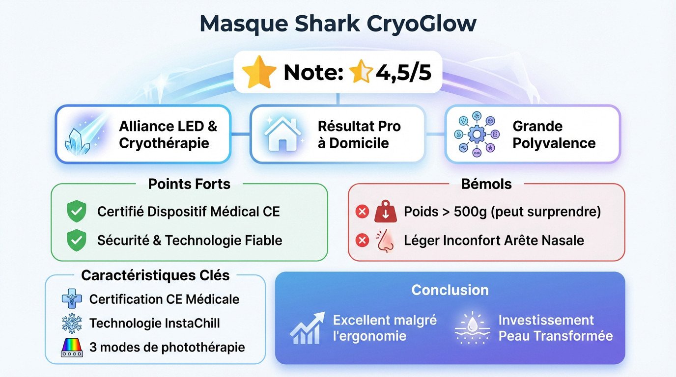 Infographie récapitulative des bénéfices et caractéristiques du masque LED Shark CryoGlow