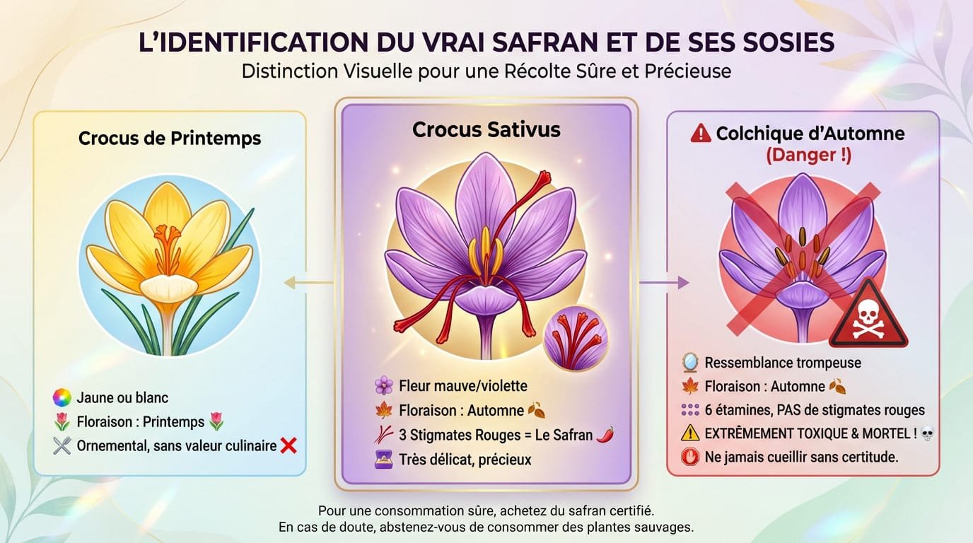 Comparaison visuelle entre le Crocus sativus, le crocus de printemps et le colchique toxique