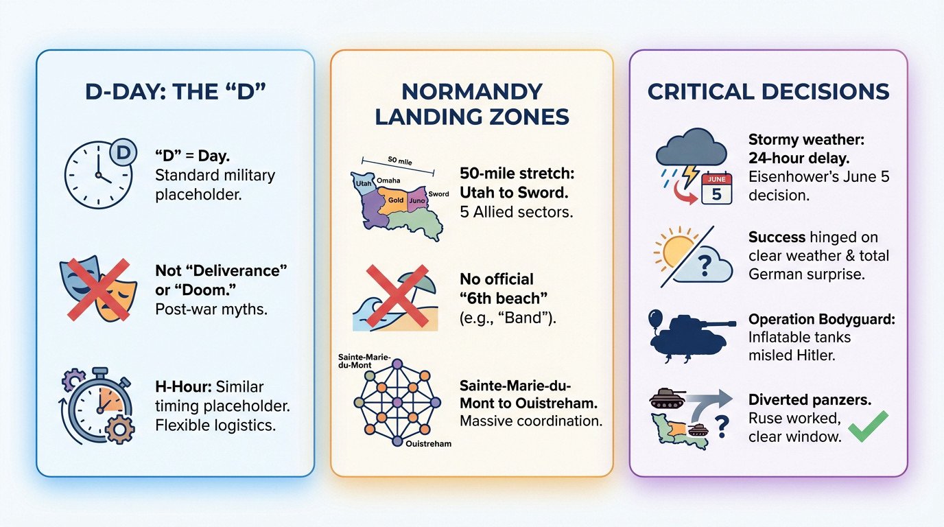 Historical map showing the five Allied landing sectors in Normandy and strategic troop movements