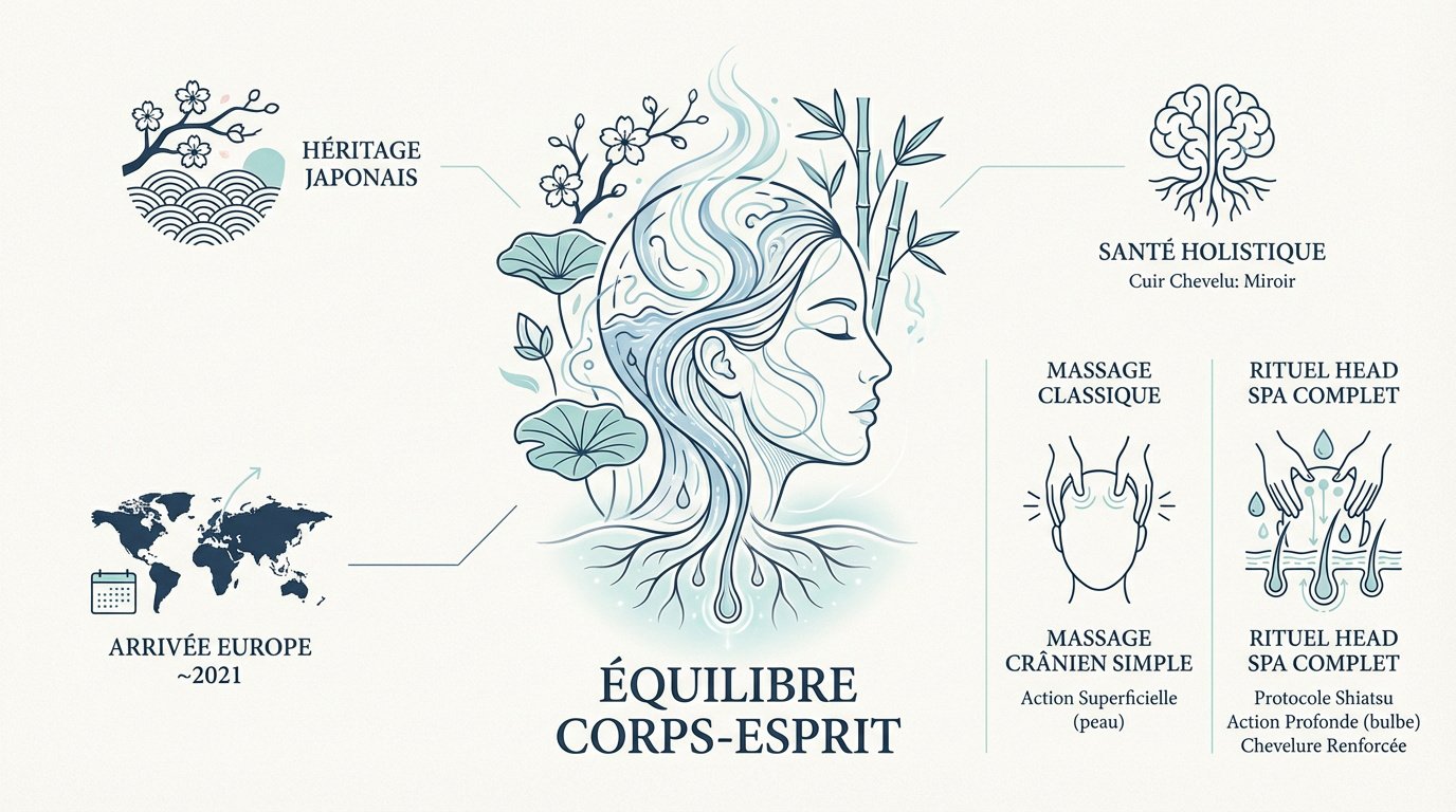 Rituel de head spa japonais avec massage du cuir chevelu et soin capillaire