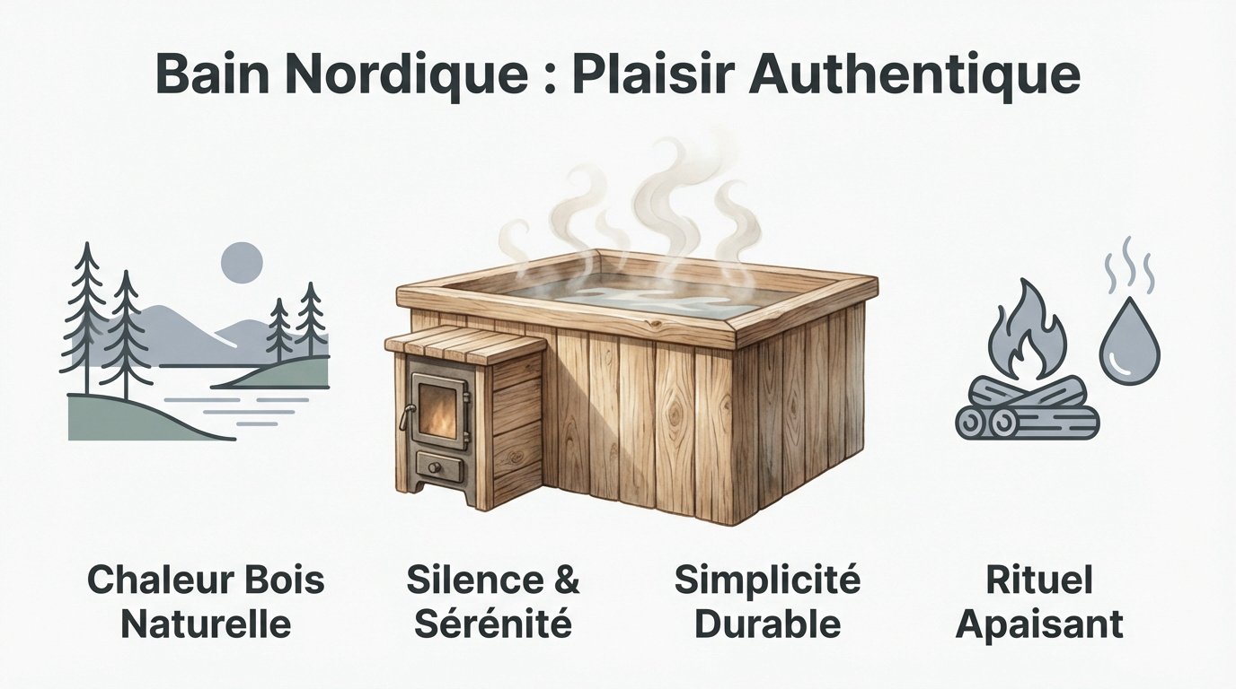 Bain nordique traditionnel en bois chauffé au poêle en extérieur