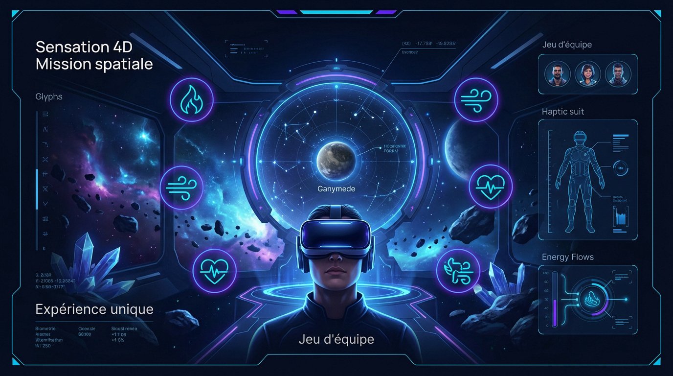 Joueurs équipés de casques VR et gilets haptiques pour la mission Ganymède chez The Edge