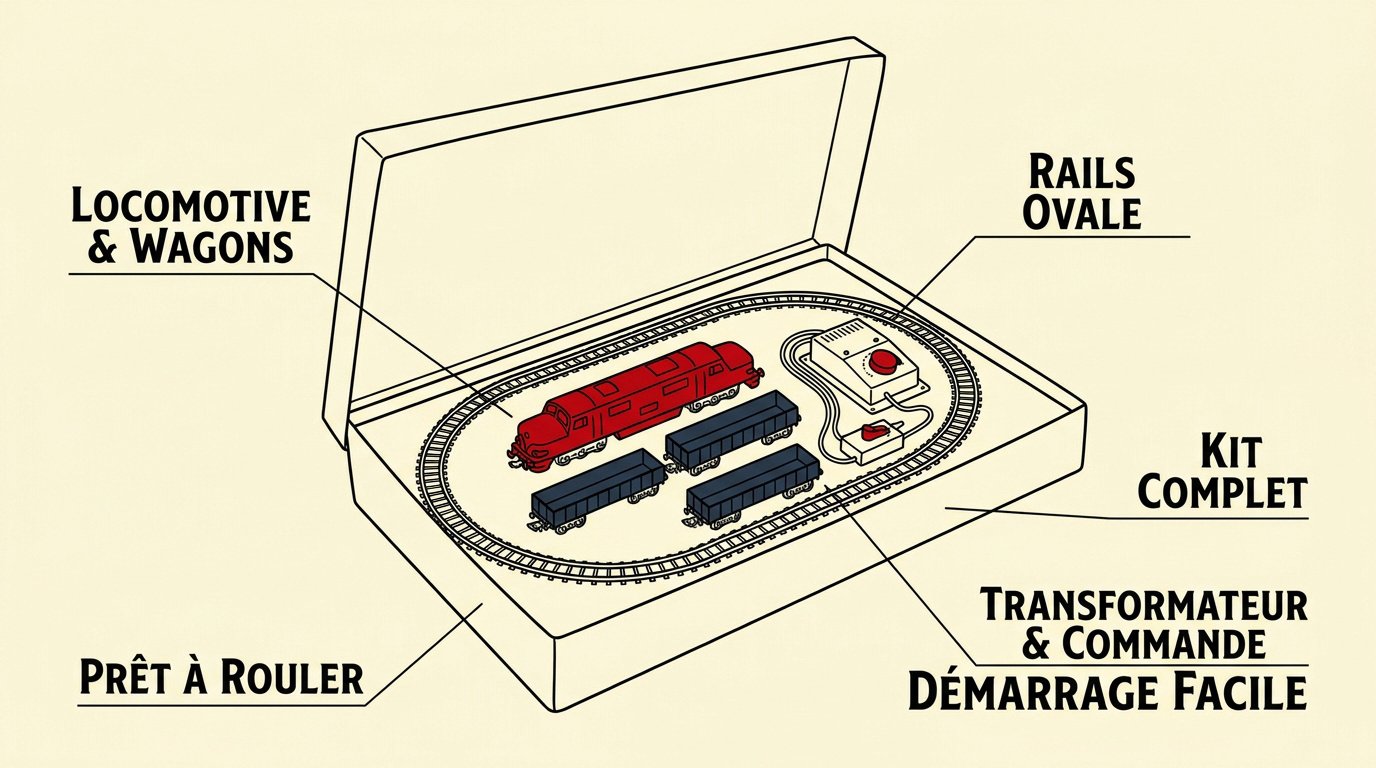 Coffret de départ modélisme ferroviaire avec locomotive et wagons vintage