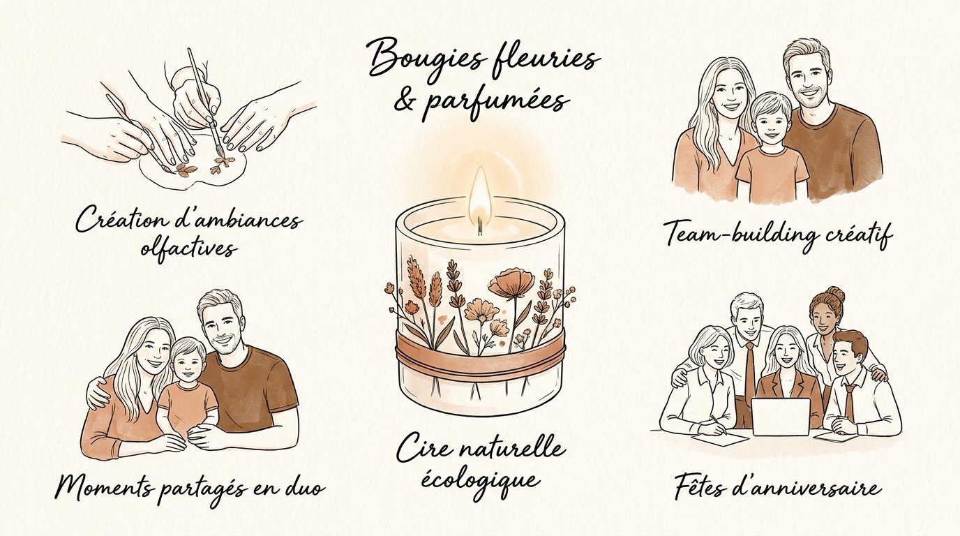 Atelier de création de bougies artisanales avec fleurs séchées et cire végétale