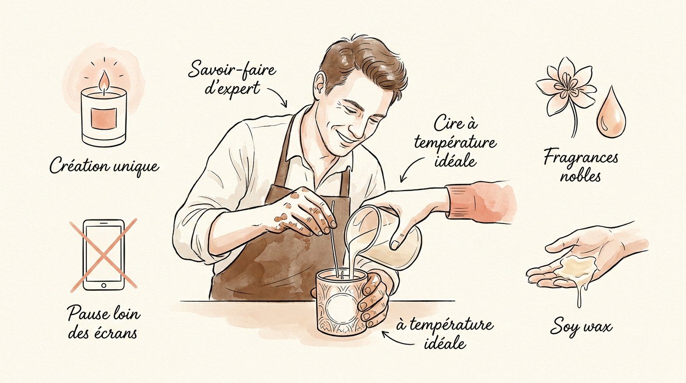 Atelier de fabrication de bougies artisanales avec cire végétale et huiles parfumées