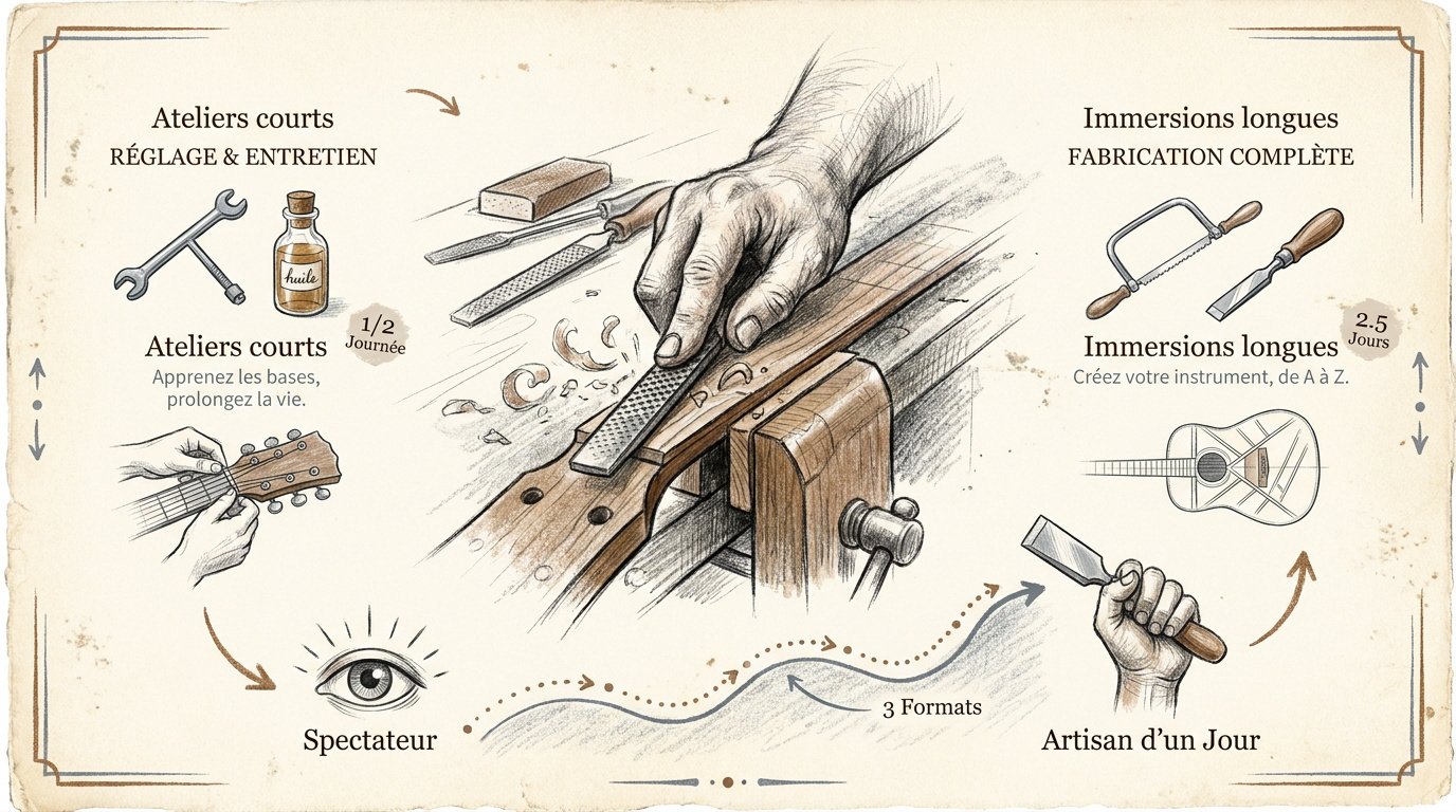 Infographie expliquant le parcours pour devenir luthier, de l'atelier à l'artisanat professionnel