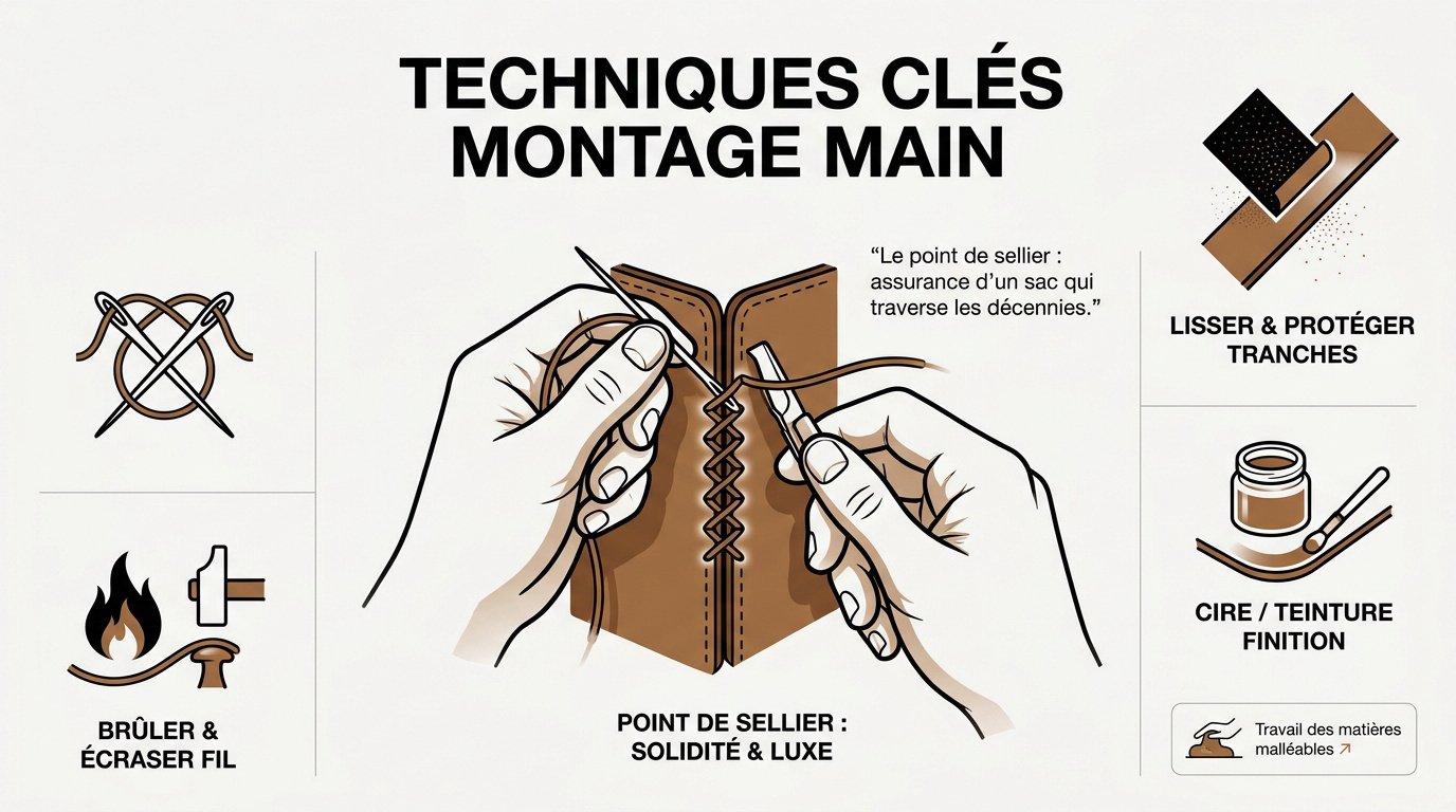 Infographie des techniques de couture au point de sellier et finitions du cuir