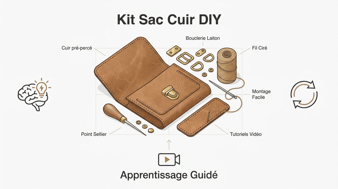 Kit de maroquinerie DIY avec pièces de cuir camel et outils de couture