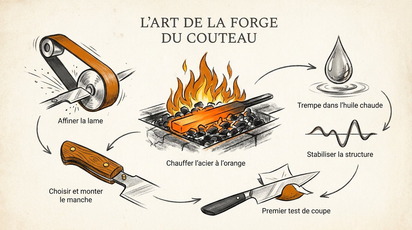 Artisan forgeron travaillant une lame incandescente sur une enclume