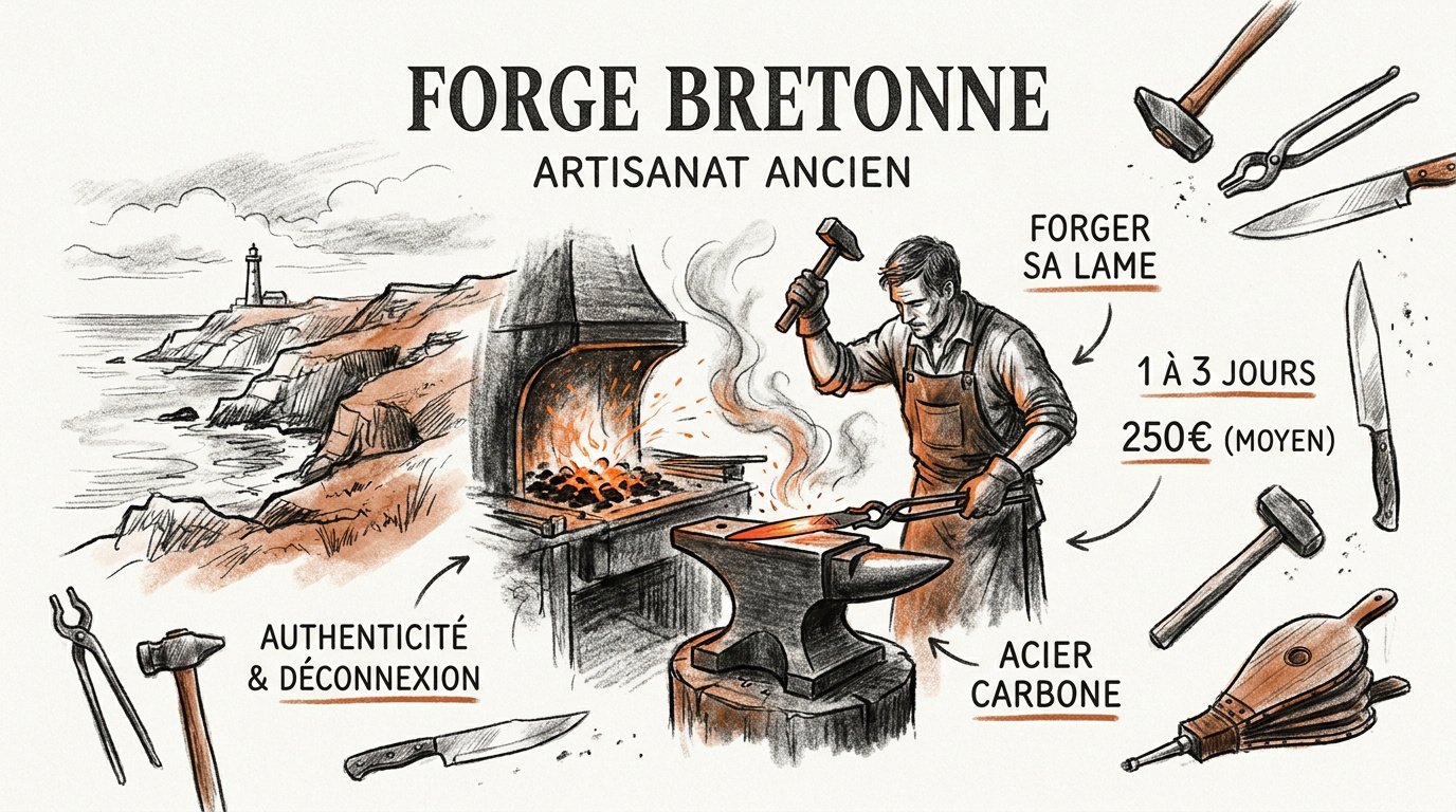 Artisan forgeron travaillant une lame incandescente sur une enclume en Bretagne