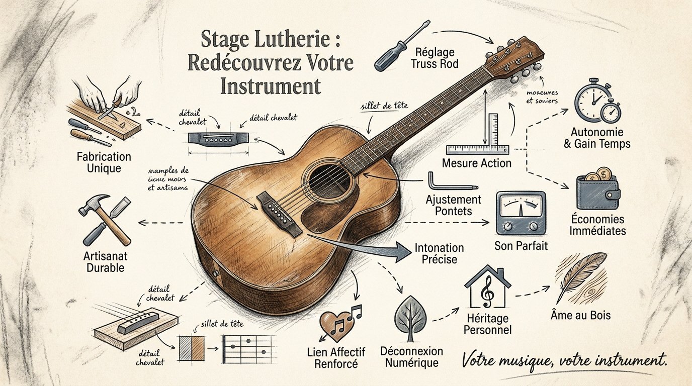 Atelier de lutherie artisanale avec outils traditionnels et bois de guitare