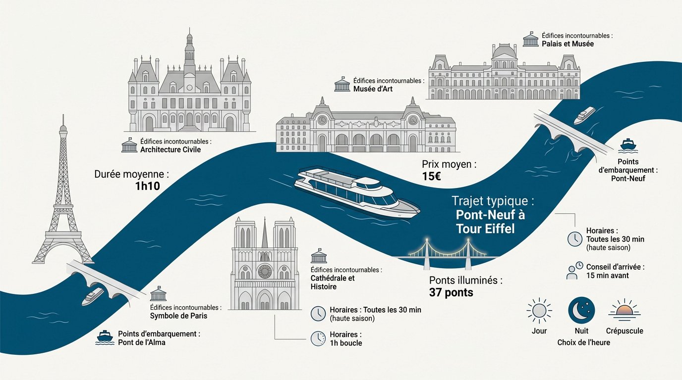 Bateau mouche naviguant sur la Seine devant les monuments historiques de Paris