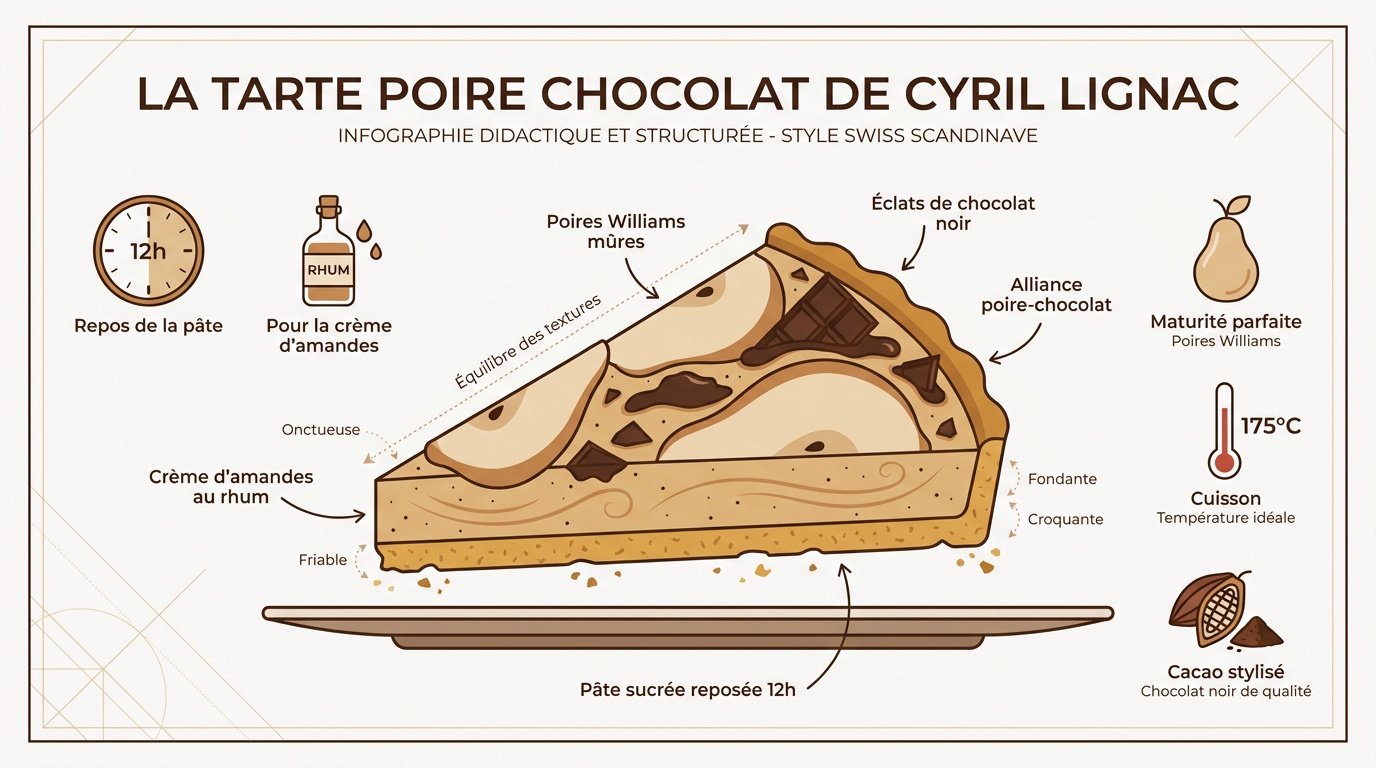 Infographie de la recette tarte poire chocolat Cyril Lignac avec ingrédients et étapes